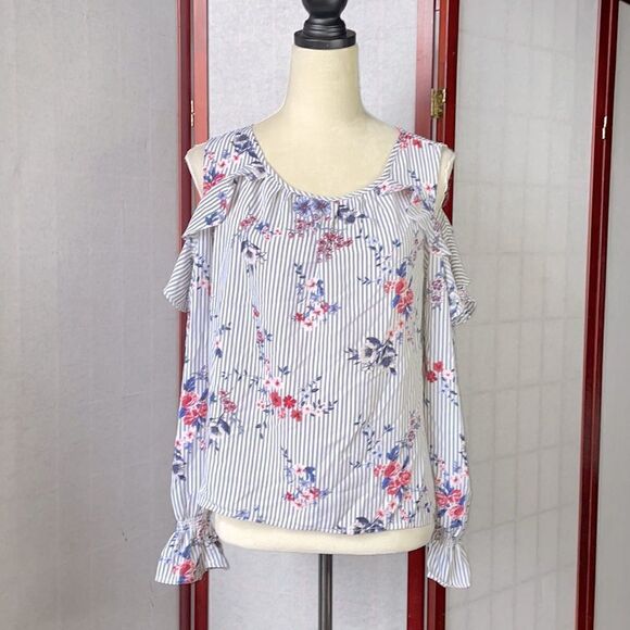 Xhilaration Blue & White Striped Cold Shoulder Floral RuffleTop (Size: M) - Picture 5 of 12